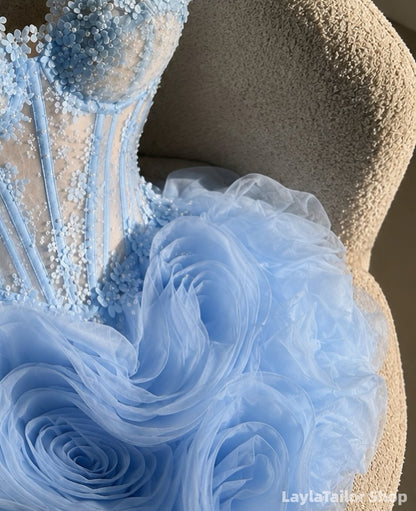 Sky Blue Floral Organza Mini Homecoming Dresses LTP82725