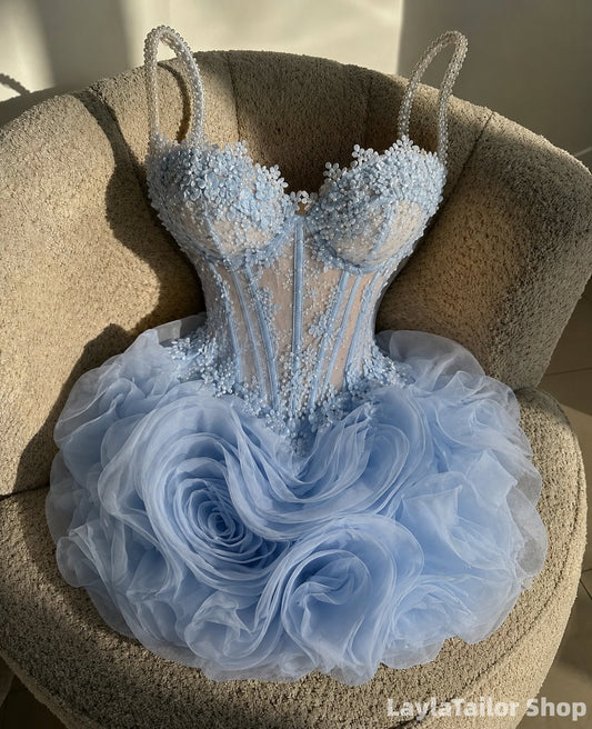 Sky Blue Floral Organza Mini Homecoming Dresses LTP82725