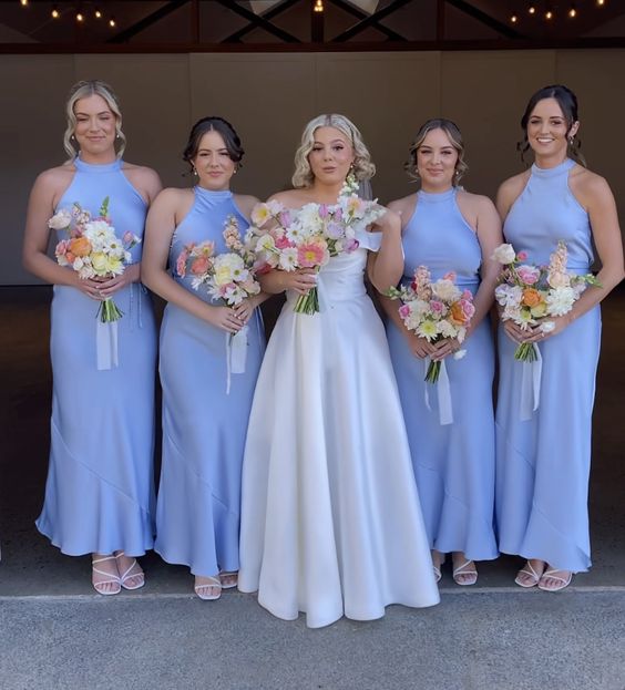 Sky Blue Halter Bridesmaid Dresses Ankle Length Sleeveless Bridesmaid Dresses, LTP3291