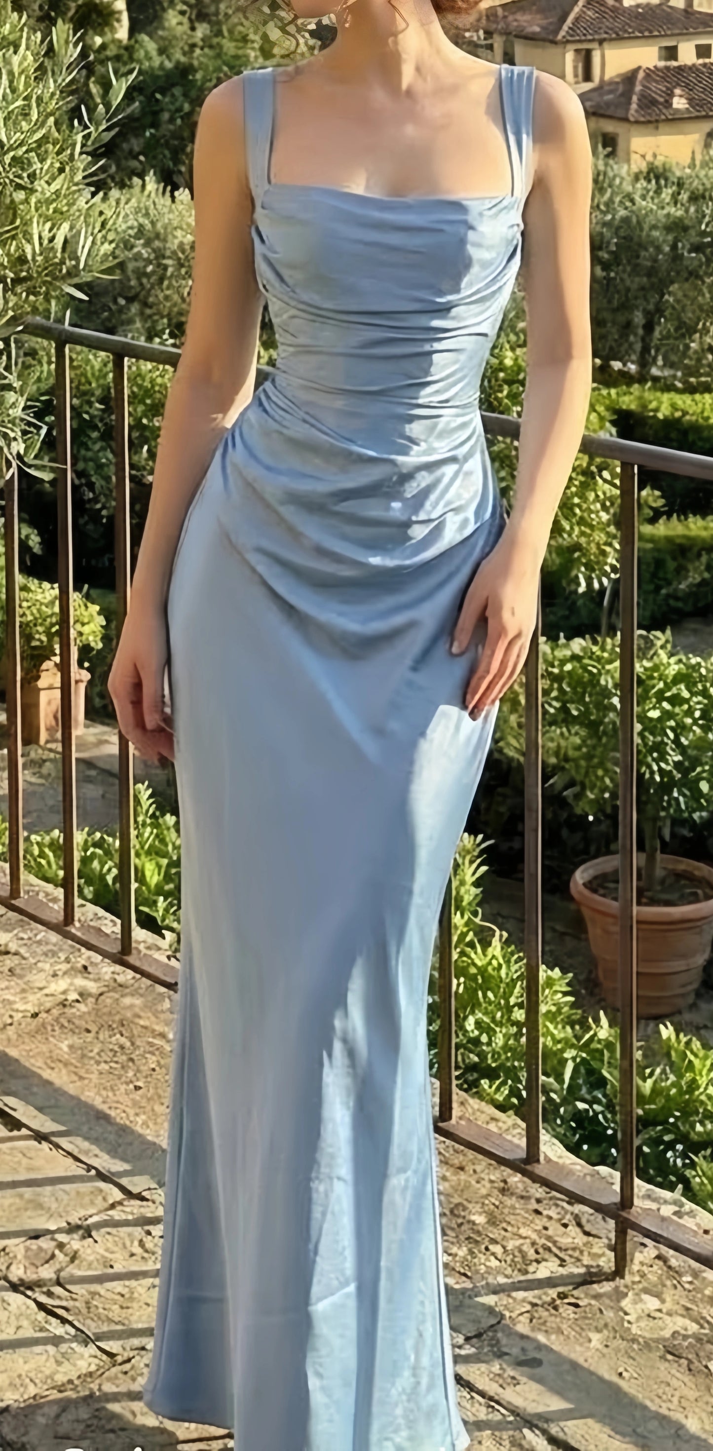 Sky Blue Mermaid Sleeveless Prom Dress Satin Custom Made Party Dresses,LTP4411