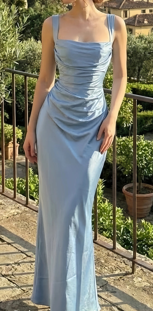 Sky Blue Mermaid Sleeveless Prom Dress Satin Custom Made Party Dresses,LTP4411