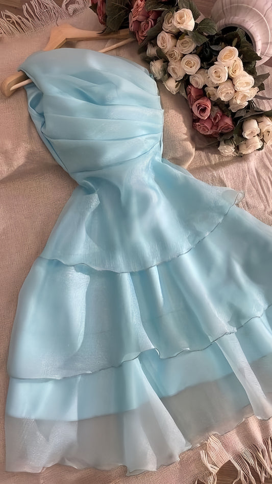 Sky Blue Organza Homecoming Dress, Ruffle One Shoulder Mini Party Gown, LTP3459