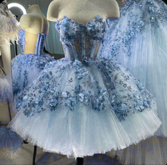 Sky Blue Strapless Floral Homecoming Dresses, LTP3280