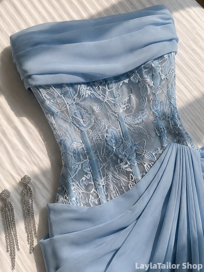 Sky Blue Strapless Pleated Chiffon Lace Prom Dresses With Slit LTP82693