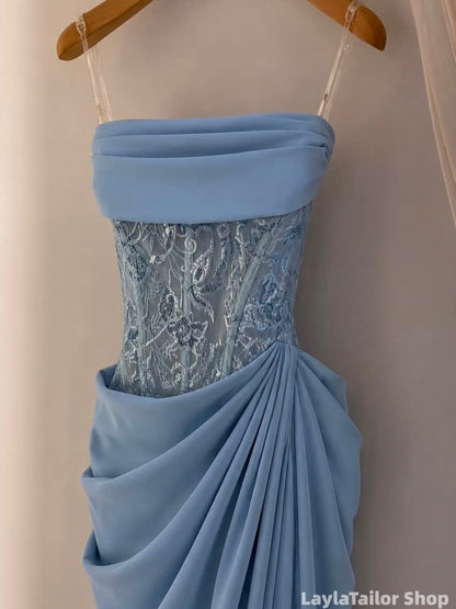 Sky Blue Strapless Pleated Chiffon Lace Prom Dresses With Slit LTP82693