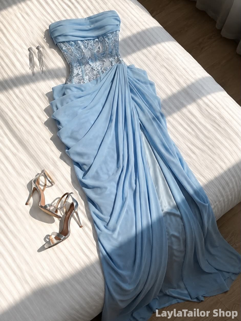 Sky Blue Strapless Pleated Chiffon Lace Prom Dresses With Slit LTP82693