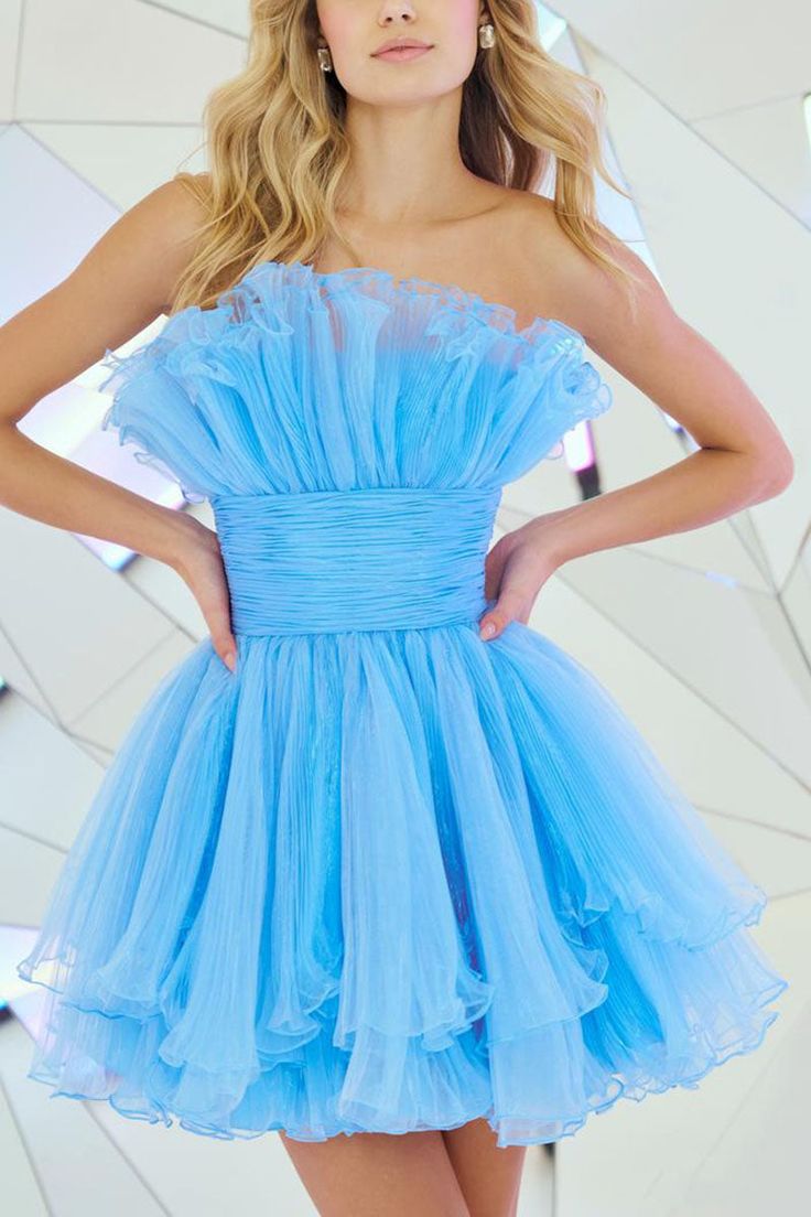 Sky Blue Strapless Sleeveless Ruched Tulle A-Line Mini Homecoming Dress, LTP2920