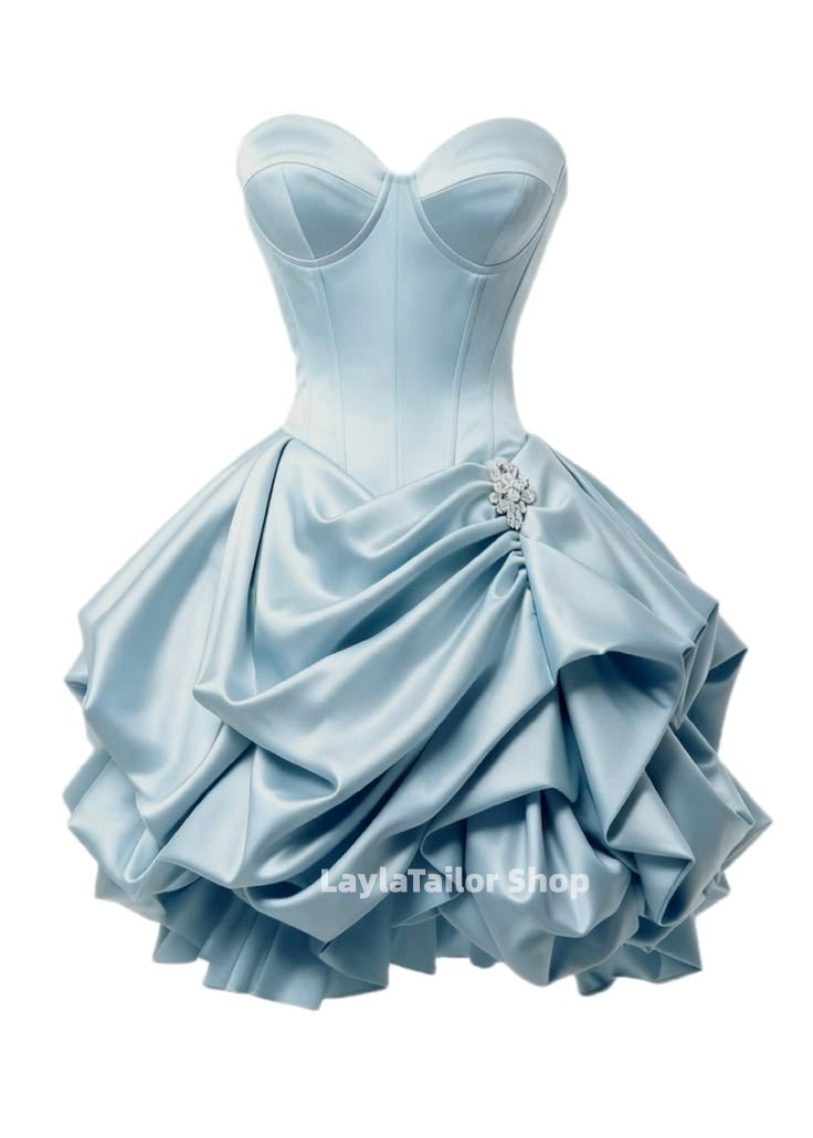 Sky Blue Sweetheart Satin Homecoming Dresses Pleated Mini Hoco Dress