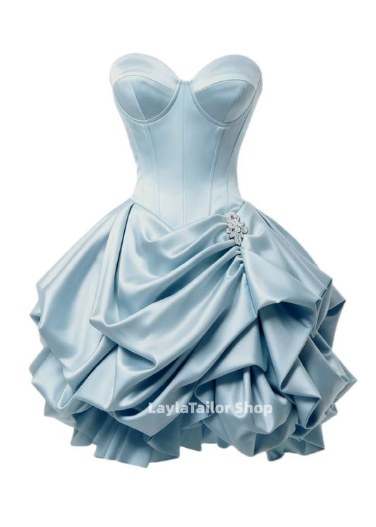 Sky Blue Sweetheart Satin Homecoming Dresses Pleated Mini Hoco Dress