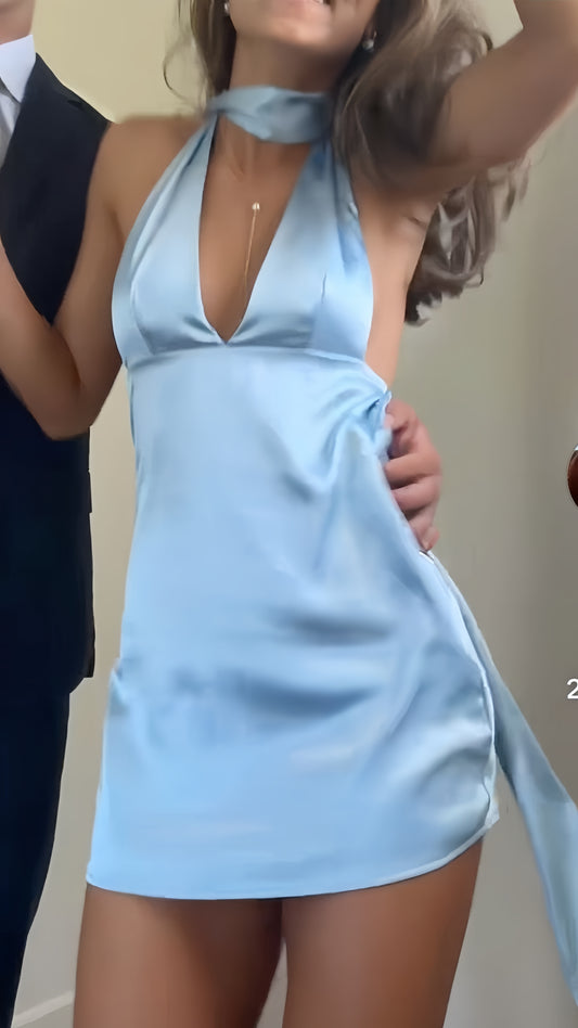 Sky Blue V-neck Party Outfits Summer Homecoming Dresses Back To School Dress,LTP3880