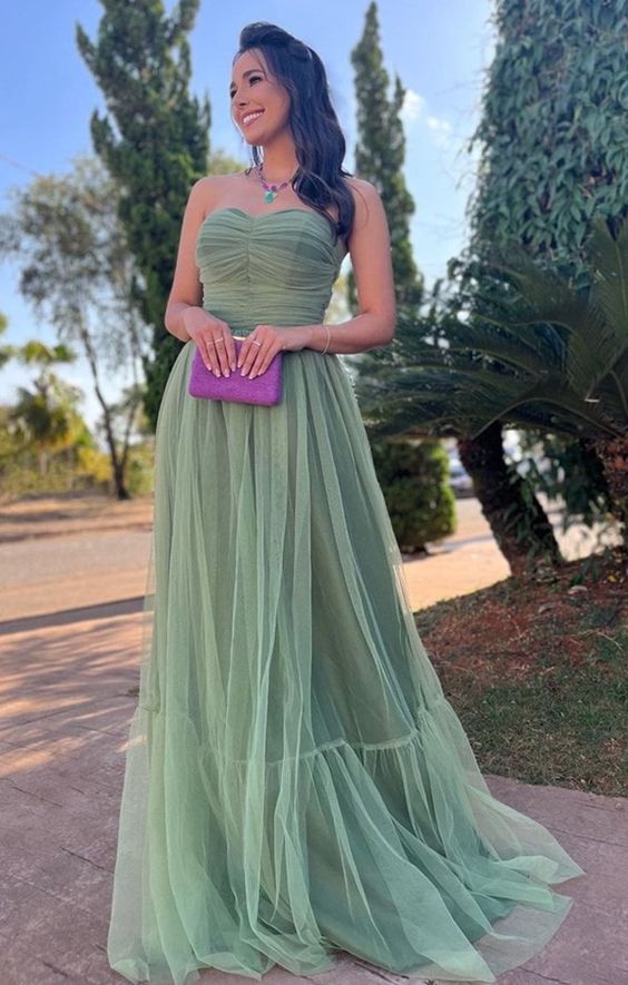 Sleeveless Tulle Pleated A-Line Long Prom Dresses