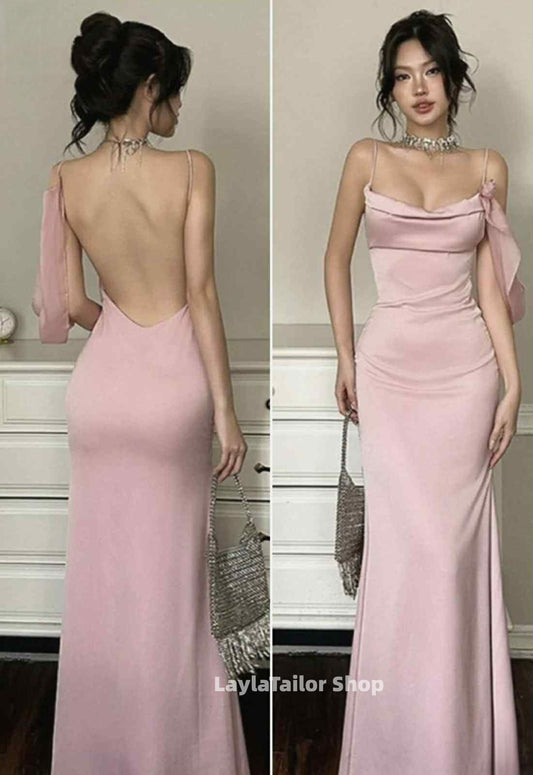 Slim Pink Mermaid Prom Dresses Backless Spaghetti Straps Formal Dress With Shoulder Sash,LTP4570