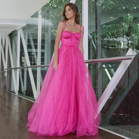 Hot Pink Spaghetti Strap A-Line Tulle Prom Dress, Long Evening Formal Gown