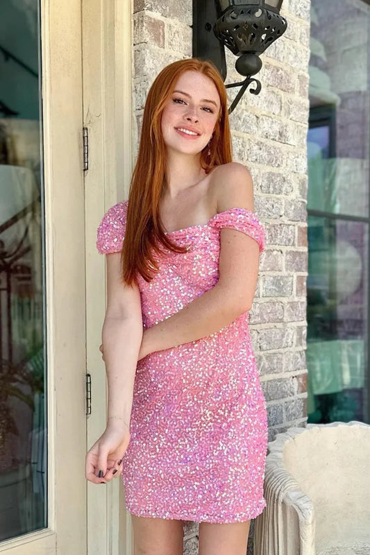 Soft Pink Sequin Homecoming Dresses Tight Off The Shoulder Cocktail Dress, LTP3275