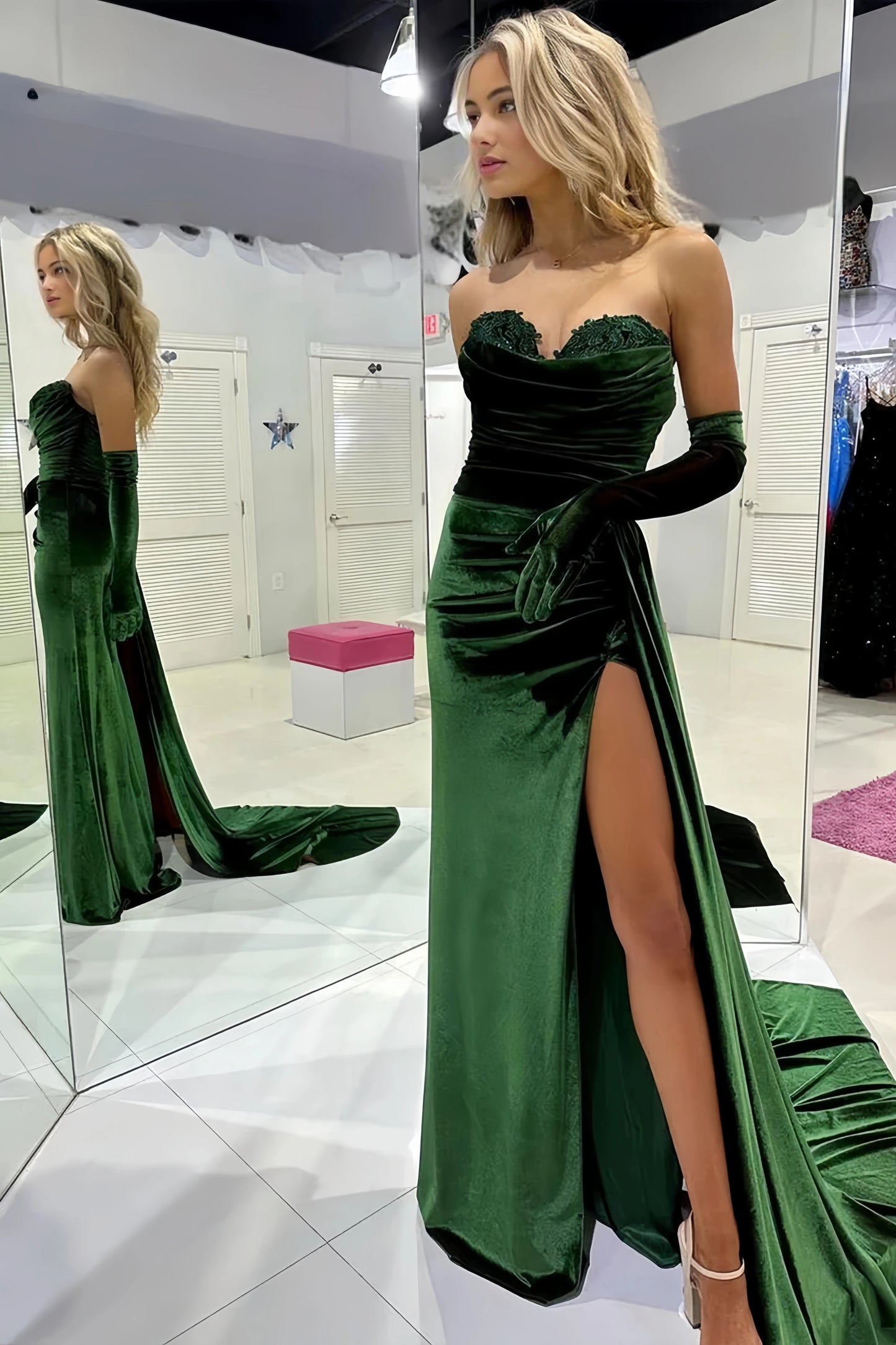 Soft Velvet Dark Green Sweetheart Party Dress, Senior Prom Dress Long, LTP3504