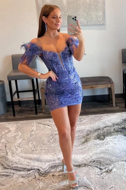 Off The Shoulder Feather Applique Homecoming Dress
