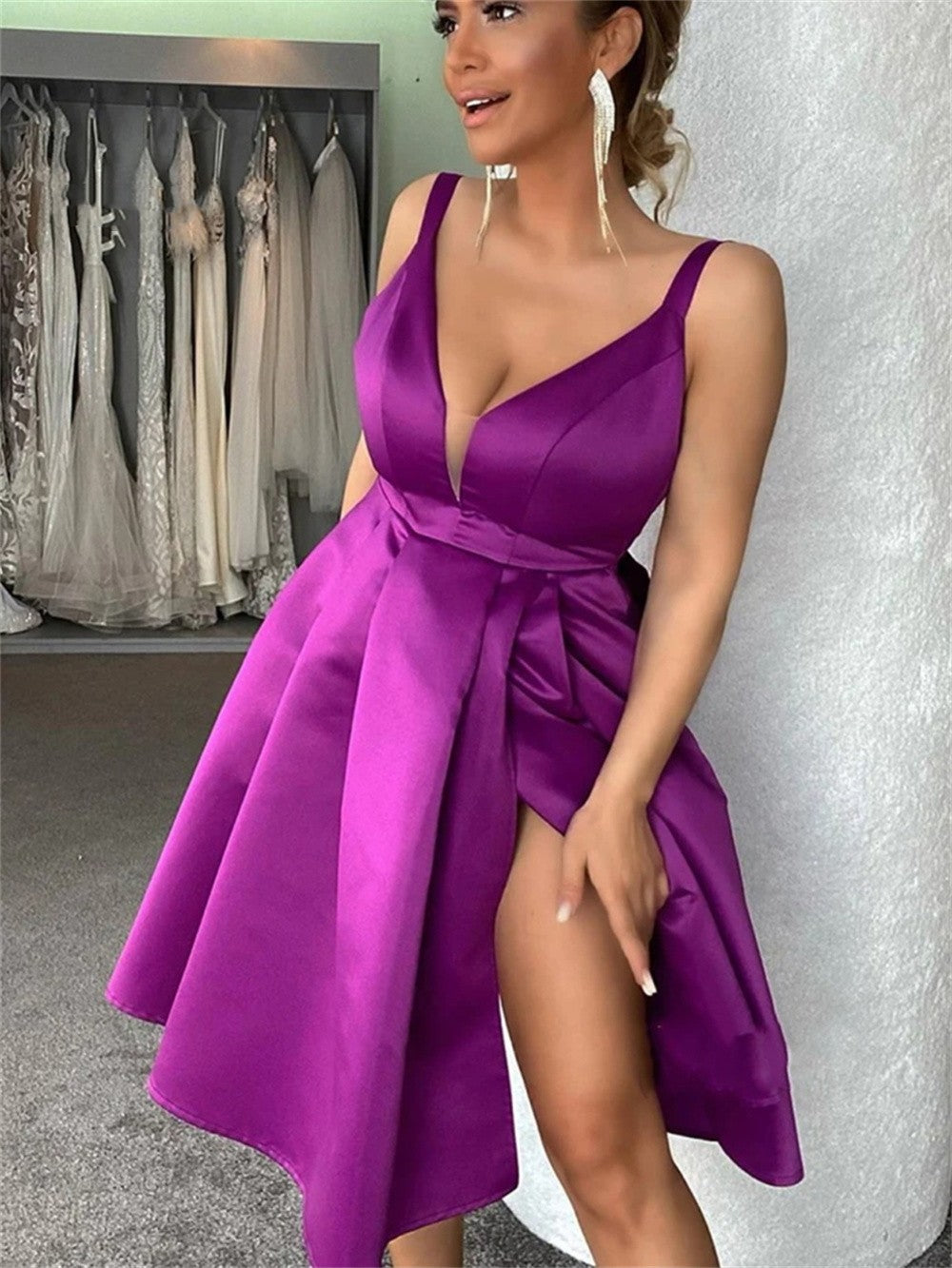 Purple A-Line Satin Homecoming Dresses, V-Neck Mini Graduation Dress With Slit