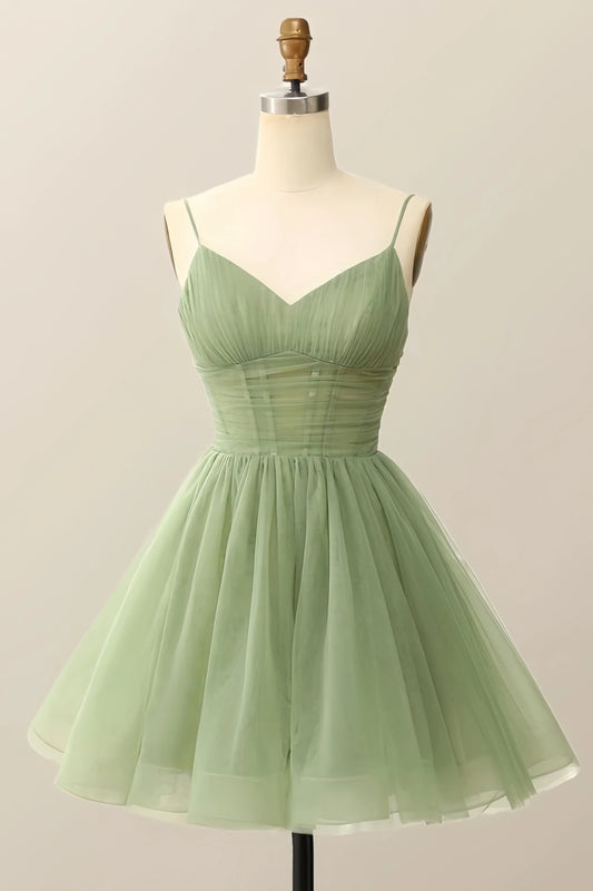 Spaghetti Straps A-line Tulle Homecoming Dress V Neck Short Above Knee Tulle Hoco Dress,LTP3850