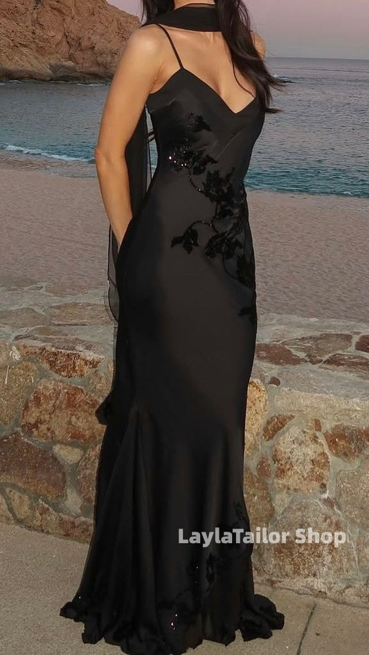 Spaghetti Straps Black Floral Prom Dresses,LTP4603