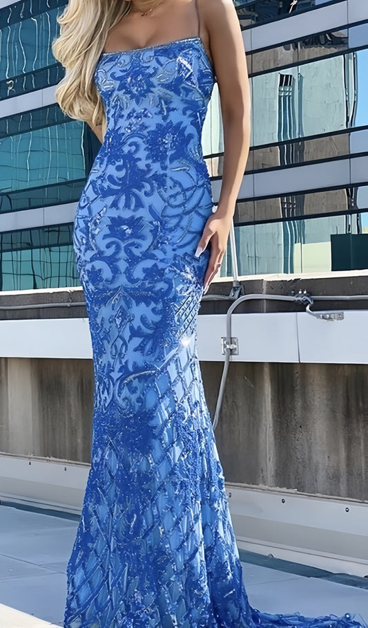 Spaghetti Straps Blue Mermaid Prom Dress, Lace Sequin Evening Formal Gown, LTP3736