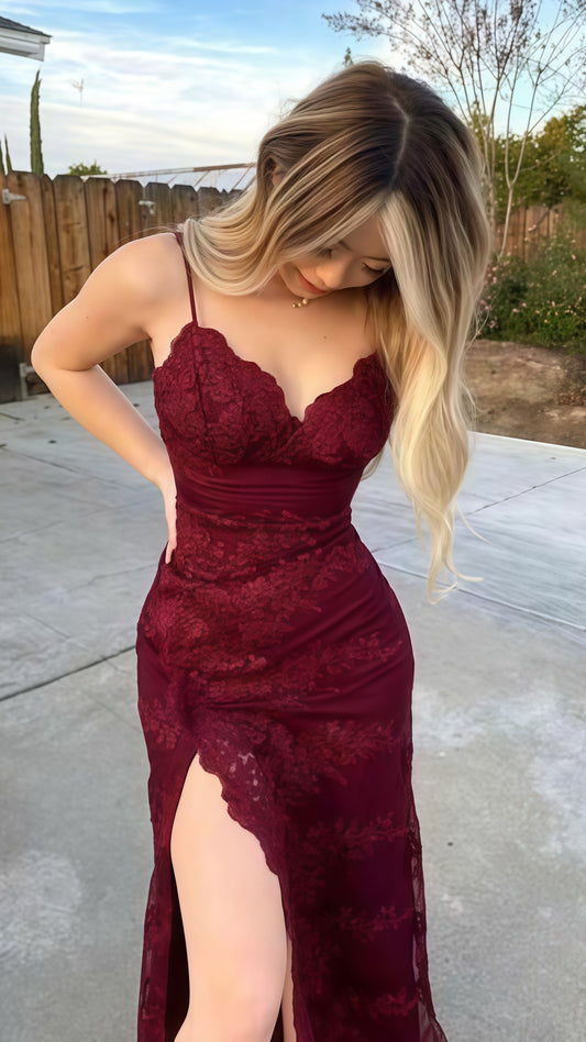 Spaghetti Straps Burgundy Lace Mermaid Party Dress,LTP3694