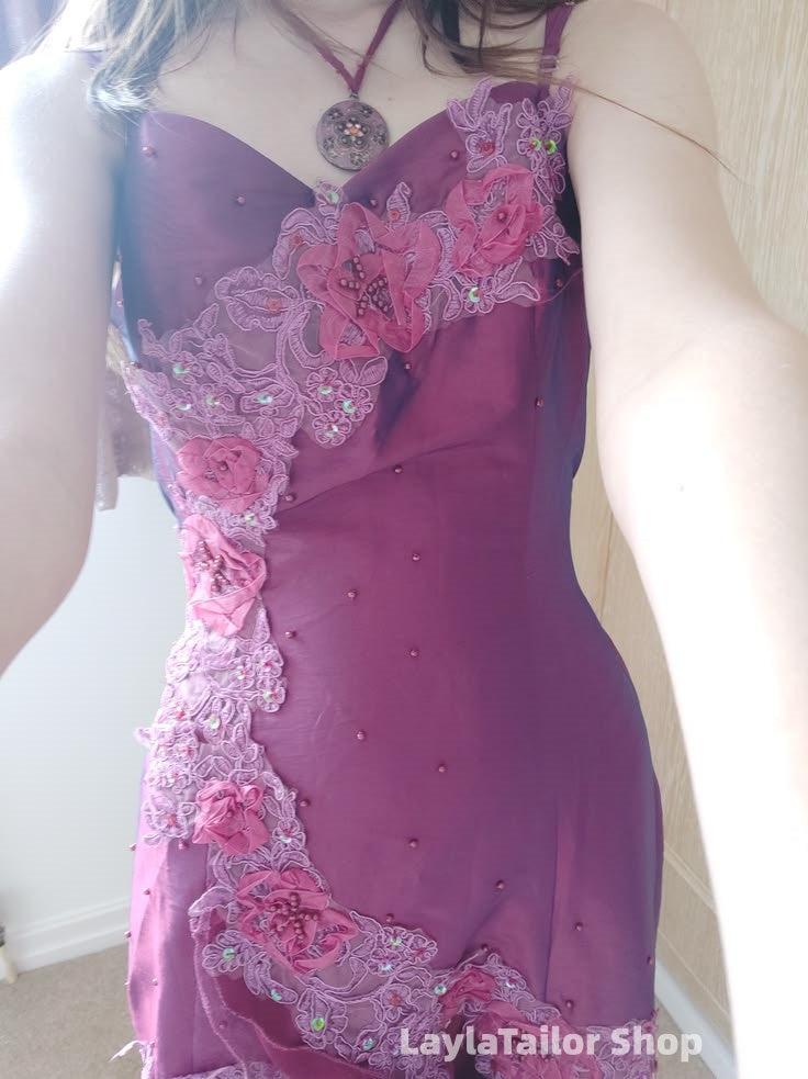 Spaghetti Straps Floral Beaded Purple Ruffle Prom Dress LTP82681