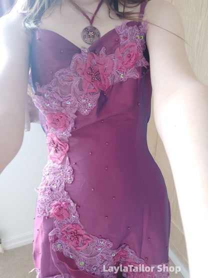 Spaghetti Straps Floral Beaded Purple Ruffle Prom Dress LTP82681
