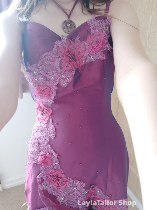 Spaghetti Straps Floral Beaded Purple Ruffle Prom Dress LTP82681
