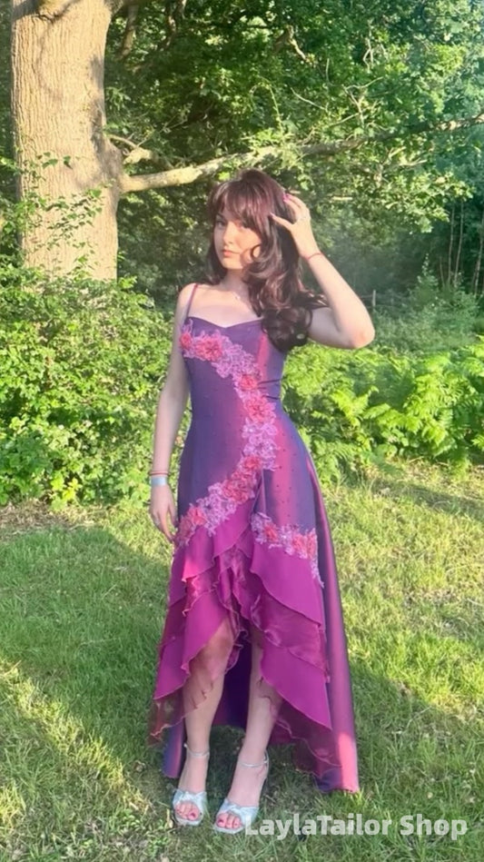 Spaghetti Straps Floral Beaded Purple Ruffle Prom Dress LTP82681