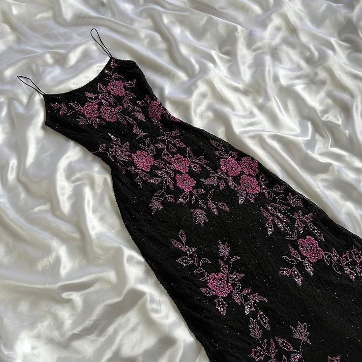 Spaghetti Straps Floral Black Prom Dresses Sequined Evening Party Dress,LTP4102