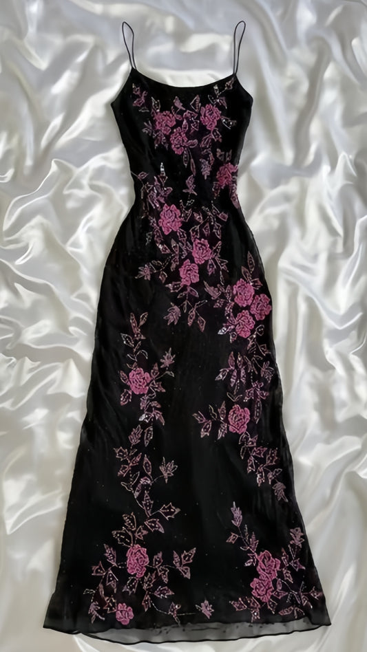 Spaghetti Straps Floral Black Prom Dresses Sequined Evening Party Dress,LTP4102