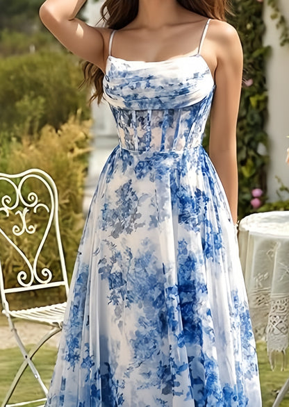 Spaghetti Straps Floral Prom Dress, Chiffon Slit Evening Dress, LTP3515