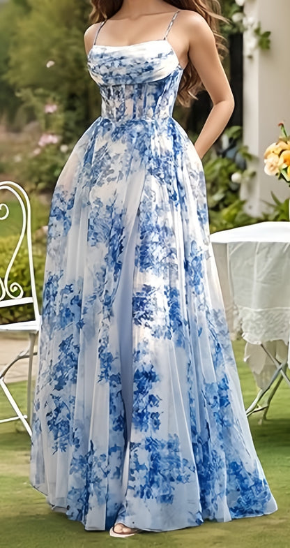 Spaghetti Straps Floral Prom Dress, Chiffon Slit Evening Dress, LTP3515