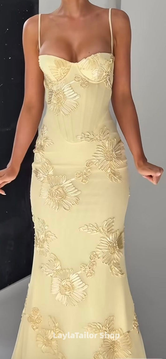 Spaghetti Straps Floral Prom Dresses Long Party Gown,LTP4492