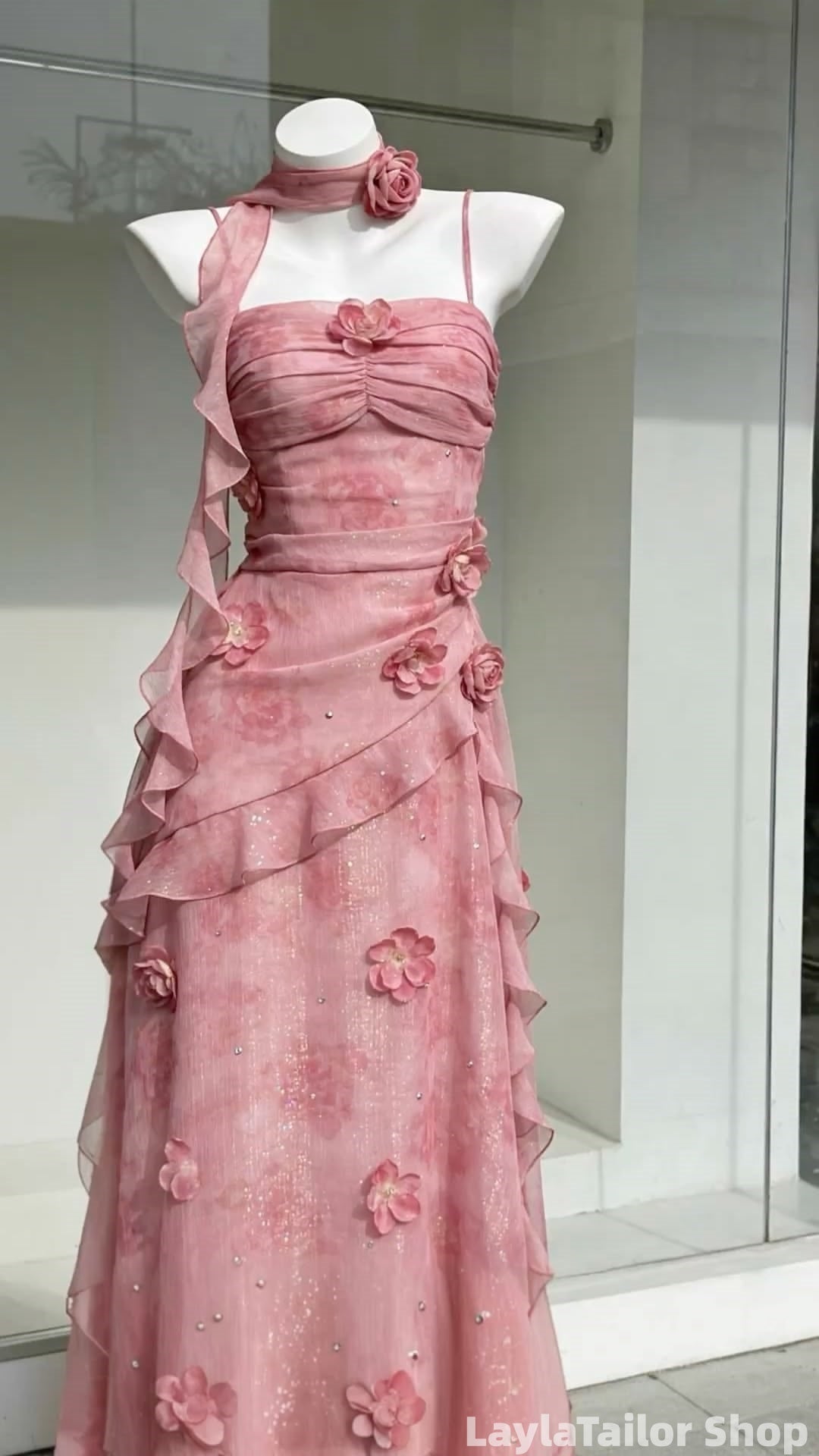 Spaghetti Straps Floral Ruffle Chiffon Prom Dress