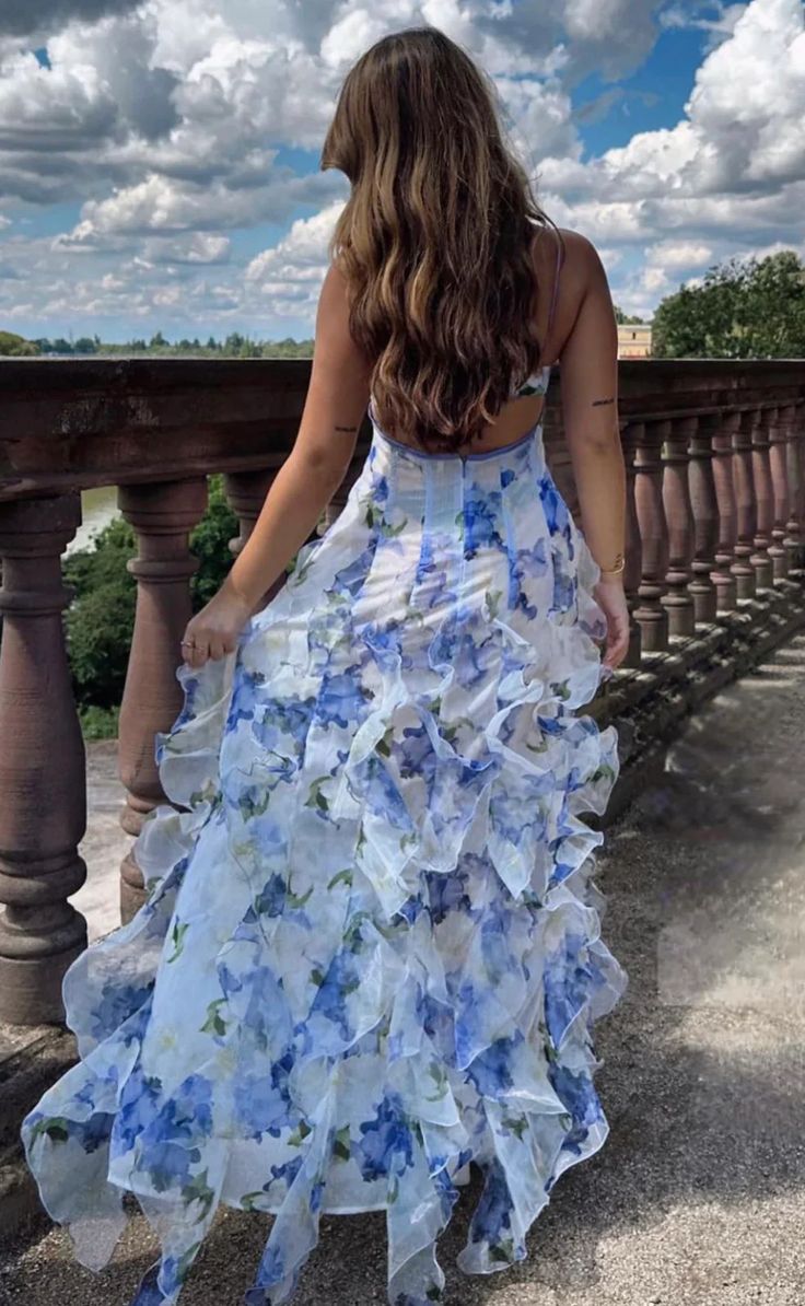 Spaghetti Straps Floral Ruffle V-neck Long Prom Dresses