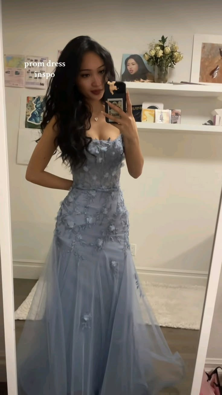 Spaghetti Straps Gray Blue Floral Mermaid Prom Dresses,LTP4480