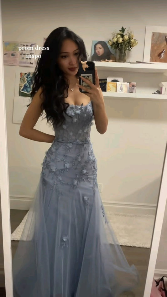 Spaghetti Straps Gray Blue Floral Mermaid Prom Dresses,LTP4480