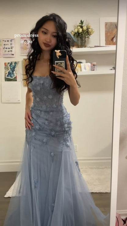 Spaghetti Straps Gray Blue Floral Mermaid Prom Dresses,LTP4480