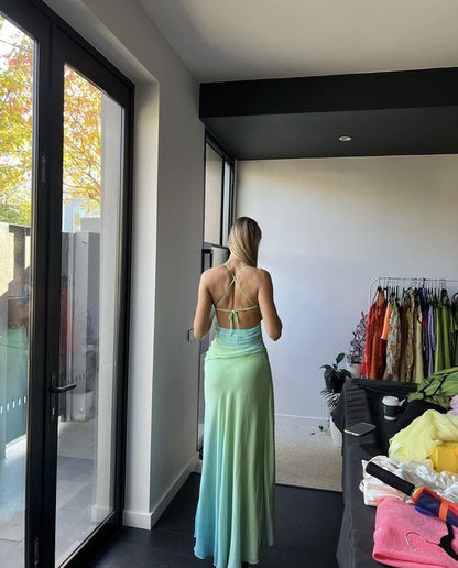 Spaghetti Straps Green Blue Chiffon Prom Dresses Long Homecoming Dresses