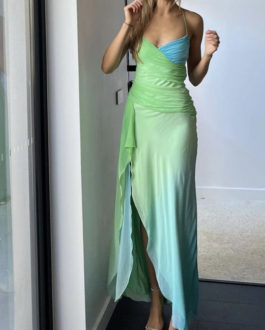 Spaghetti Straps Green Blue Chiffon Prom Dresses Long Homecoming Dresses