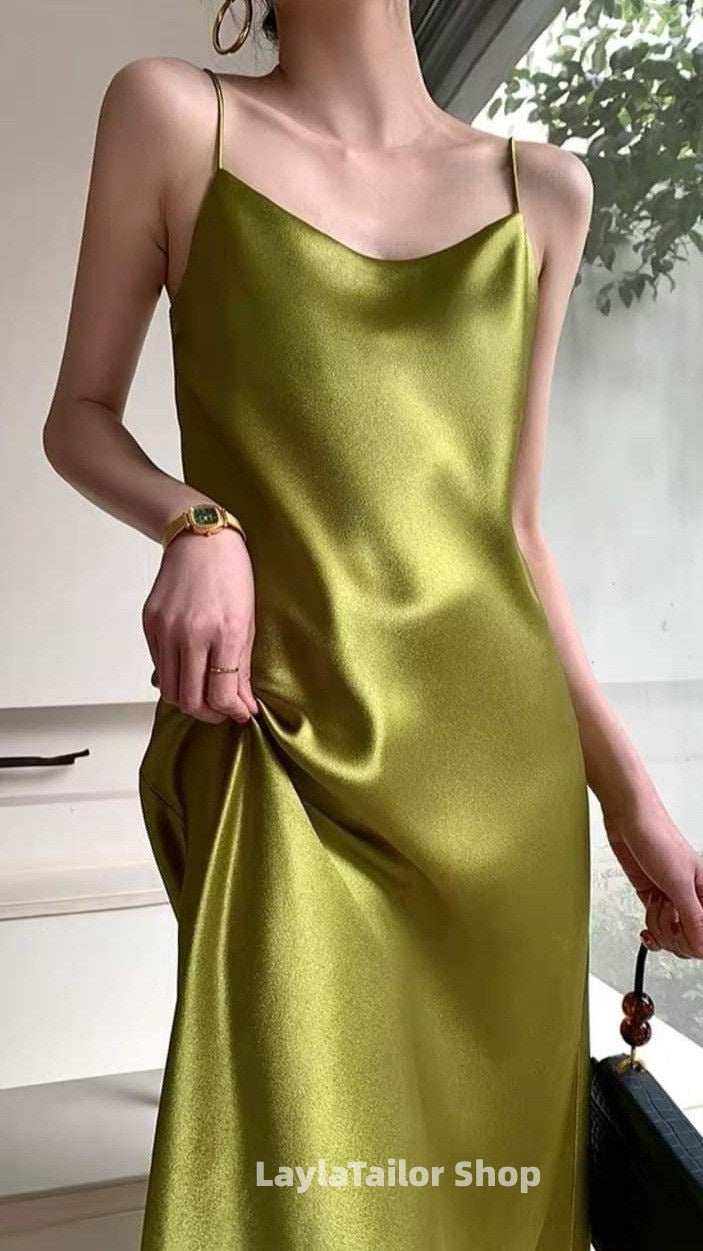 Spaghetti Straps Green Silk Satin Long Prom Dresses,LTP4493