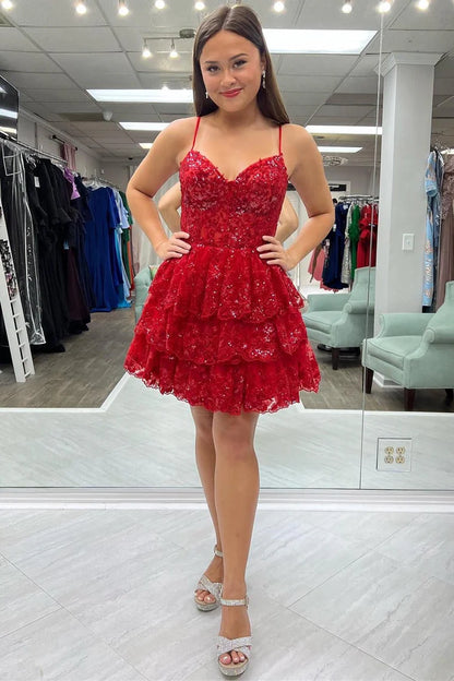 Spaghetti Straps Lace Sequined Homecoming Dresses Ruffles Party Gown, LTP3167