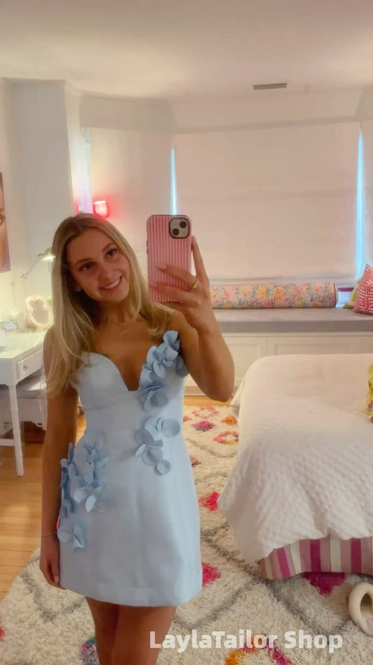 Spaghetti Straps Light Blue Floral Homecoming Dresses LTP82684