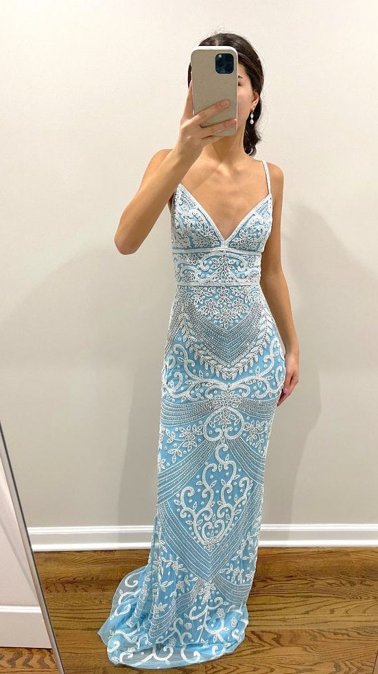 Spaghetti Straps Light Blue Prom Dress, Lace Sheath Evening Party Dress, LTP3737