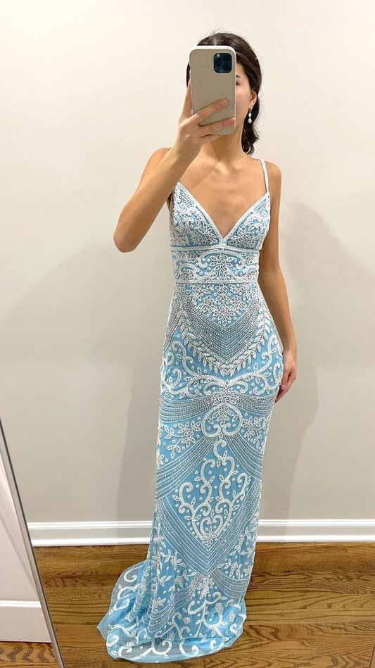 Spaghetti Straps Light Blue Prom Dress, Lace Sheath Evening Party Dress, LTP3737