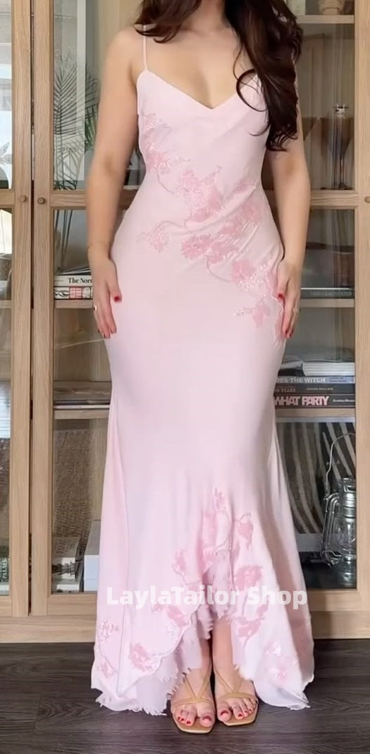 Spaghetti Straps Light Pink Floral Evening Prom Dresses,LTP4500