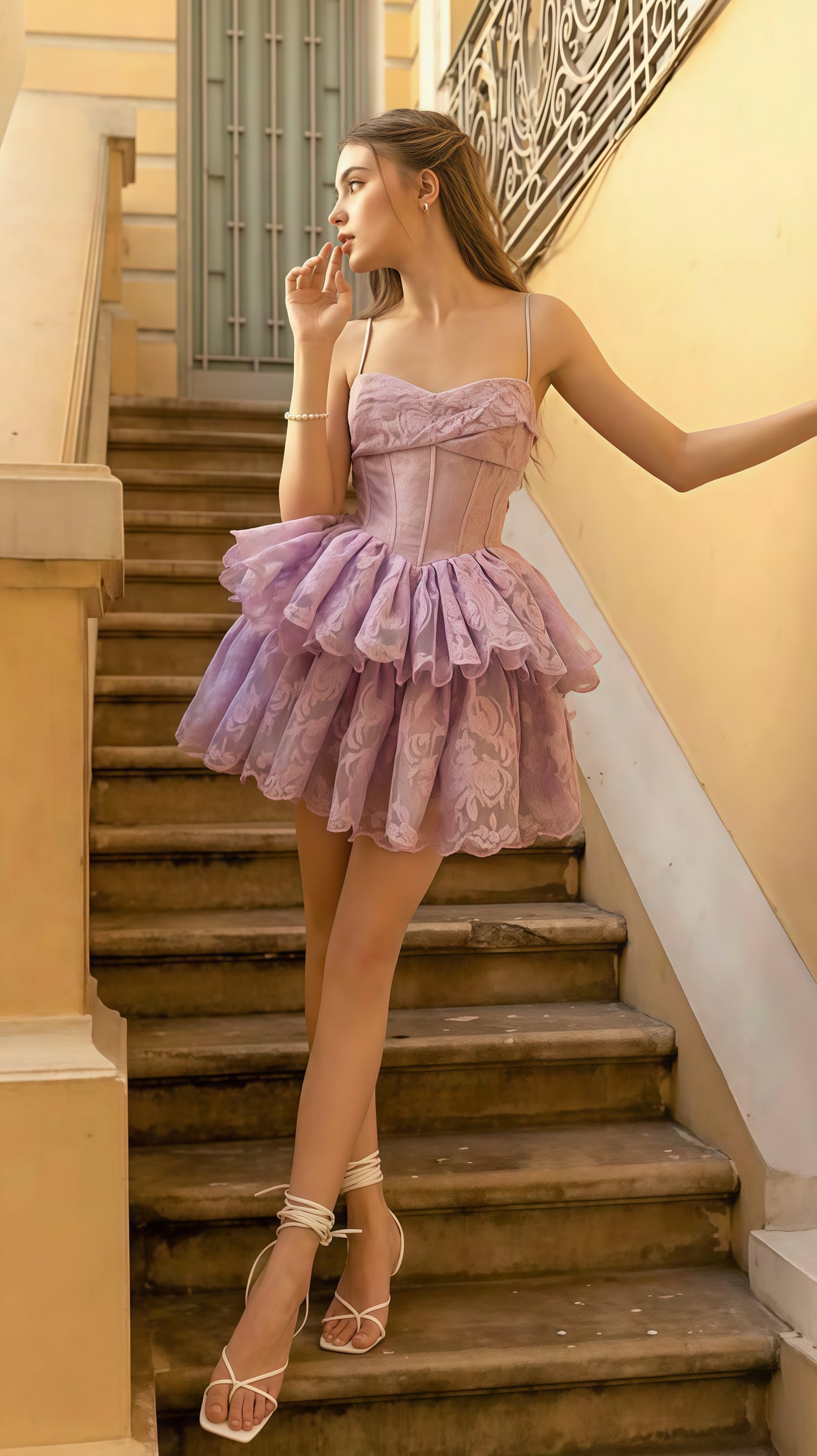 Spaghetti Straps Lilac Homecoming Dress, Mini Lace Ruffle Dress, LTP3745