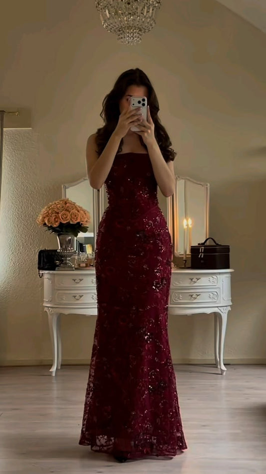 Spaghetti Straps Mermaid Burgundy Sequin Lace Prom Dresses With Corset Back,LTP4465
