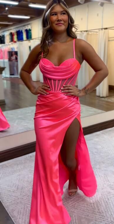 Spaghetti Straps Mermaid Long Prom Dress Satin Evening Gown